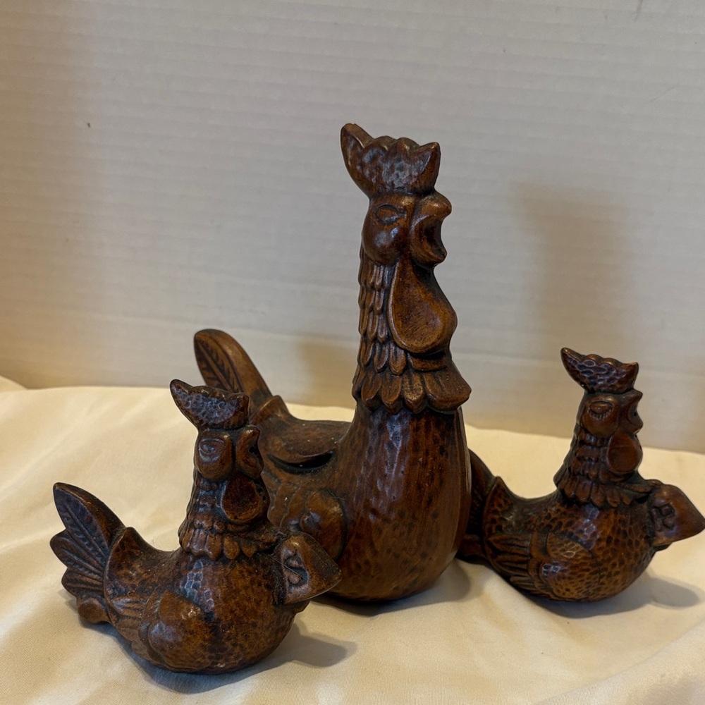 Handcrafted Brown Wooden Rooster Figurines Set